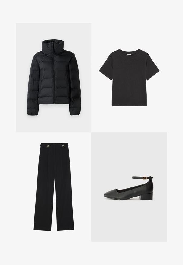 Sort polstret jakke med høj krave, hel frontlynlås, quiltet design og elastiske manchetter. Glat tekstur, letvægtsmateriale.; Sort t-shirt lavet af blødt stof, med en rund halsudskæring og korte ærmer. Designet er simpelt uden synlige mønstre eller detaljer.; Sorte vide bukser med høj talje, knapdetaljer på taljebåndet og frontfald.; Sorte læderpumper med spids tå og en lav blokhæl. Har en ankelrem med en guldfarvet spænde. Glat tekstur.