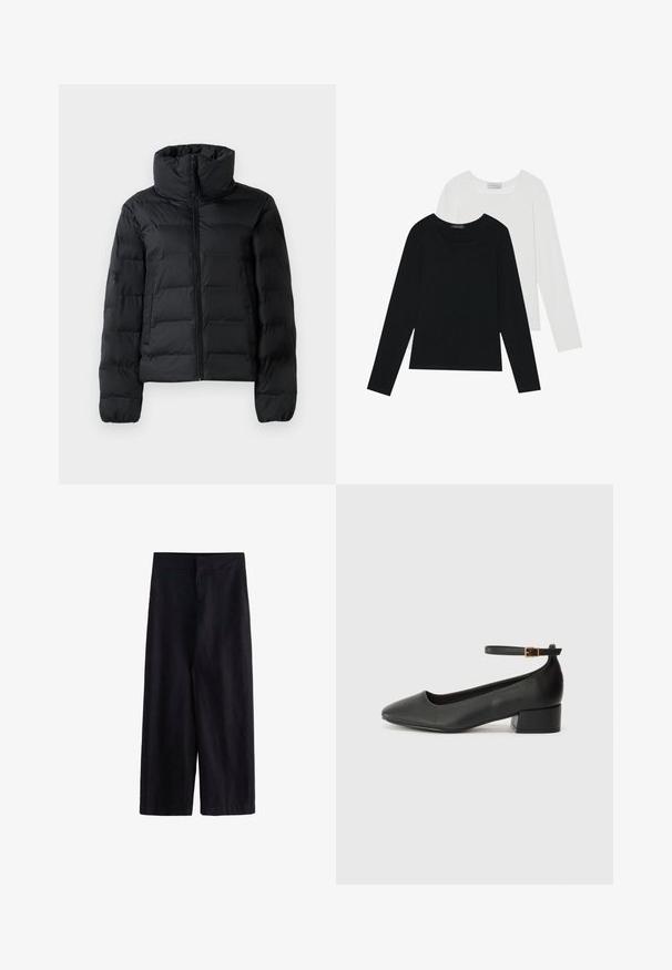 Sort polstret jakke med høj krave, hel frontlynlås, quiltet design og elastiske manchetter. Glat tekstur, letvægtsmateriale.; To lange skjorter med lange ærmer, en sort og en hvid, begge med firkantet halsudskæring og lavet af blødt, strækbart stof.; Sorte brede bukser lavet af letvægtsstof. Har en flad talje med en lynlås foran og lommer, egnet til både afslappet og formel brug.; Sorte læderpumper med spids tå og en lav blokhæl. Har en ankelrem med en guldfarvet spænde. Glat tekstur.