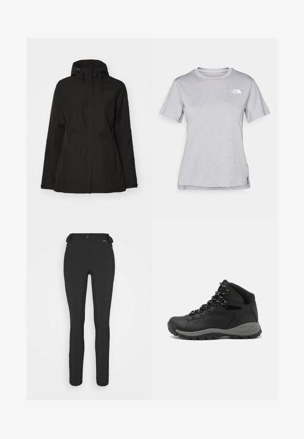 Giacca impermeabile nera con zip frontale, cappuccio regolabile e tasche laterali. Presenta una texture liscia e raffinata e un design minimalista.; T-shirt grigio a maniche corte realizzato in morbido tessuto traspirante. Presenta un collo tondo e un piccolo logo bianco nella parte superiore sinistra.; Pantaloni neri aderenti realizzati in materiale flessibile. Presentano una tasca laterale con zip, ginocchia articolate e una texture liscia.; Stivale da trekking nero con design a metà altezza, dotato di una tomaia texturizzata, accenti grigi e suola in gomma resistente con tasselli per la trazione.