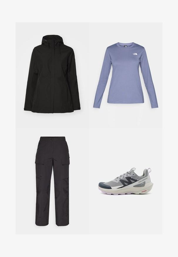 Must räätsepa jope, millel on lukuga esiosa, reguleeritav kapuuts ja küljetaskud. Omab laitmatut, siledat tekstuuri ja minimalistlikku disaini.; Pikendusega särgist helesinises kangas, millel on ümar kaelus ja valge The North Face logo vasakul rinnal. Sile tekstuur, vabalt istuv lõige.; Mustad mustat cargos püksid, mis on valmistatud vastupidavast kangast, mitmete küljepocketitega, nööbiga kinnitusega ning lõtvade sirgete jalgadega.; Salomon jooksujalats hallis ja tumesinises värvitoonis omab hingavat sange, kummist varbakatet ja tekstureeritud tallatoote, millel on lavendli aktsendid.