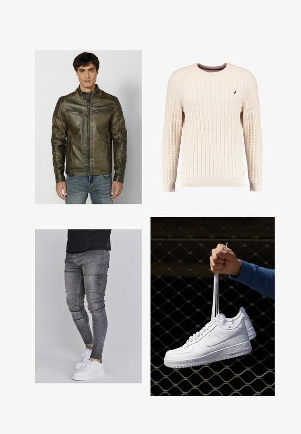 Koroshi SKIN EFFECT - Jakna iz umetnega usnja - verde green; Kream pulover iz kabelskih pletenin z dolgimi rokavi in okroglo izrezom. Opremljen je z rebrastimi manšetami in robom ter s majhnim vezenim logotipom na prsih.; Oprijete jeans hlače iz izbledele sive denima, z obrabljenimi detajli na kolenih, v kombinaciji z belimi športnimi copati. Gladka tekstura, oblikovan slim fit dizajn.; Bela usnjena športna obutev s perforacijami, okroglo konico, ravnim podplatom in debelimi vezalkami, z vidnim logotipom smoosh in napisom "AIR" na peti.