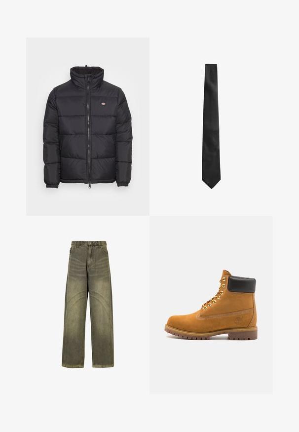 Fekete pufferek dzseki magas gallérral, elülső cipzárral és rugalmas mandzsettákkal. Varrt panelekkel és egy kis logóval a bal felső mellen.; Fehér, hosszú ujjú pamut ing, gombos gallérral, egyetlen mellzsebbel és kényelmes fazonnal. Az elején kicsi gombok találhatók.; Olíva zöld farmerből készült bővülő szárú farmernadrág, ívelt varrásokkal, klasszikus gombos záródással és elhalványult hatással.; Barna velúr bokacipő fekete párnázott gallérral, arany fém fűzőlyukakkal, fehér varrási részletekkel és durva gumitalppal, amelynek kifejezett barázdái vannak.; Fekete nyakkendő, texturált felülettel, keskeny formával és hegyes végével. Az anyag simának tűnik, finom mintázattal.