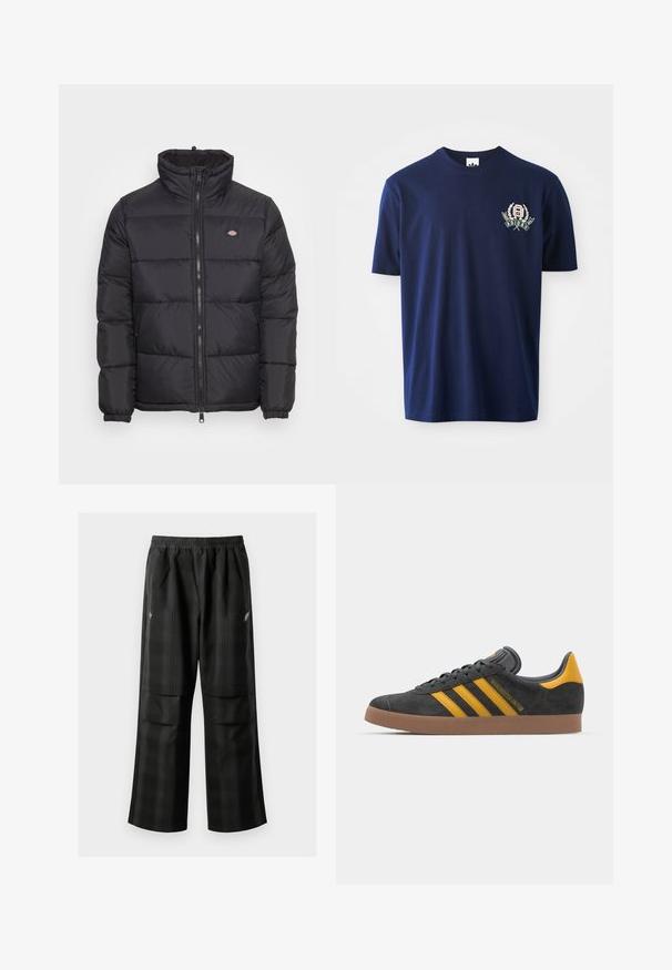 Casaco puffer preto com colarinho alto, fecho de correr frontal e punhos elásticos. Apresenta painéis cosidos e um pequeno logotipo no lado esquerdo do peito.; T-shirt de algodão azul marinho com mangas curtas, gola redonda e logótipo bordado com detalhes de louros no lado esquerdo do peito.; Calças pretas em padrão xadrez com cintura elástica, dois bolsos frontais e um ajuste solto com design de perna reta. Feitas de material leve.; Tenis em camurça preta com detalhes amarelos, apresentando três riscas e uma sola de borracha castanha. Inclui uma língua acolchoada para maior conforto.