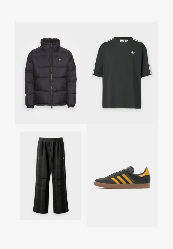 Crna puffer jakna s visokim ovratnikom, prednjim zatvaračem i elastičnim manžetama. Ima šivene panele i mali logo na gornjem lijevom dijelu prsiju.; Crna pamučna majica kratkih rukava, s okruglim izrezom i bijelim detaljima u obliku triju pruga na ramenima. Na prsima se nalazi mali bijeli logotip.; Crne karirane hlače s elastičnom urezom, dva prednja džepa i ležernim krojem s ravnim nogavicama. Izrađene su od laganog materijala.; Crne nubuk tenisice s žutim detaljima, sa tri pruge i smešnim gumenim potplatom. Imaju jastučić na jeziku za udobnost.