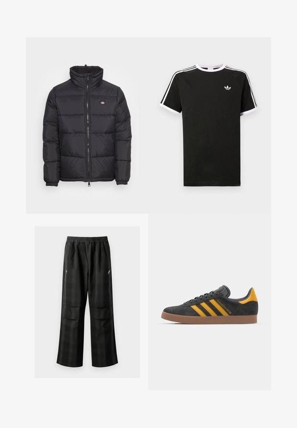Svart puffjacka med hög krage, frontdragkedja och elastiska manchetter. Har sydda paneler och en liten logotyp på övre vänstra bröstet.; Svart t-shirt i bomull med vita detaljer. Har korta ärmar, raglan-design och en liten logotyp på bröstet. Tre vita ränder på axlarna.; Svarta rutiga byxor med elastisk midja, två framfickor och en lös passform med rak bendesign. Tillverkade av lätt material.; Svart mockaskor med gula accenter, med tre ränder och en brun gummisula. Inkluderar en vadderad tunga för extra komfort.