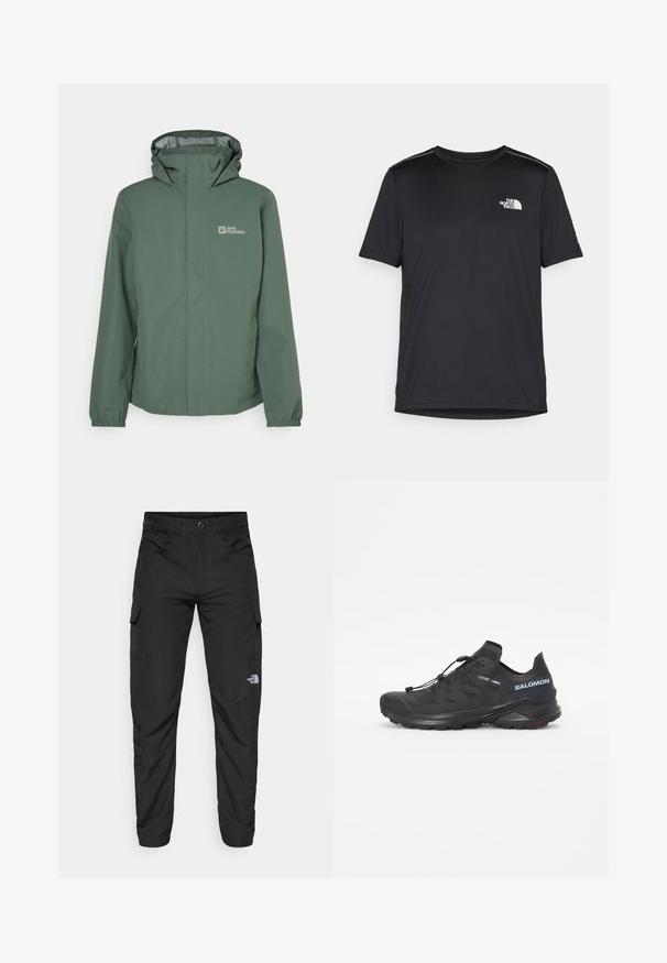 Grüne wasserdichte Jacke mit hohem Kragen, verstellbarem Kapuze und elastischen Bündchen. Mit Logo auf der linken Brust und einem Frontreißverschluss.; Schwarzes T-Shirt mit kurzen Ärmeln aus leichtem Stoff. Mit einem kleinen weißen Logo auf der linken Brust und dezenten Akzenten an den Schultern.; The North Face HORIZON PANT - Outdoor-Hose - black; Schwarzer Trailschuh zum Laufen mit einer strukturierten Oberseite, elastischen Schnürsenkeln und Contagrip-Außensohle. Bietet eine eng anliegende Passform und eine schützende Zehenkappe.