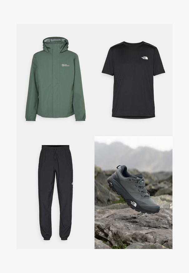 Roheline veekindel jakk kõrge kaelusega, reguleeritava kapuutsiga ja elastsete mansettidega. Ees on lukuga sulgemine ja vasakul rinnal logo.; Must mustaöödiga must T-särk, mis on valmistatud kerge riidekanga. Esiküljel on vasakul rinnal väike valge logo ning õlgadel on peened aktsendid.; Mustavad sportlikud püksid, mis on valmistatud kergest kangast, joonlauaga taljest, küljetaskudega ja kitsenevate varrukatega pahkluude juures.; Hallhalli jooksukingad halli värvi, tekstureeritud ülemise osaga, vastupidava kummist tallaga ja tugevdatud varvaste kattega. Omab paelu ja kaubamärgi logo küljel.