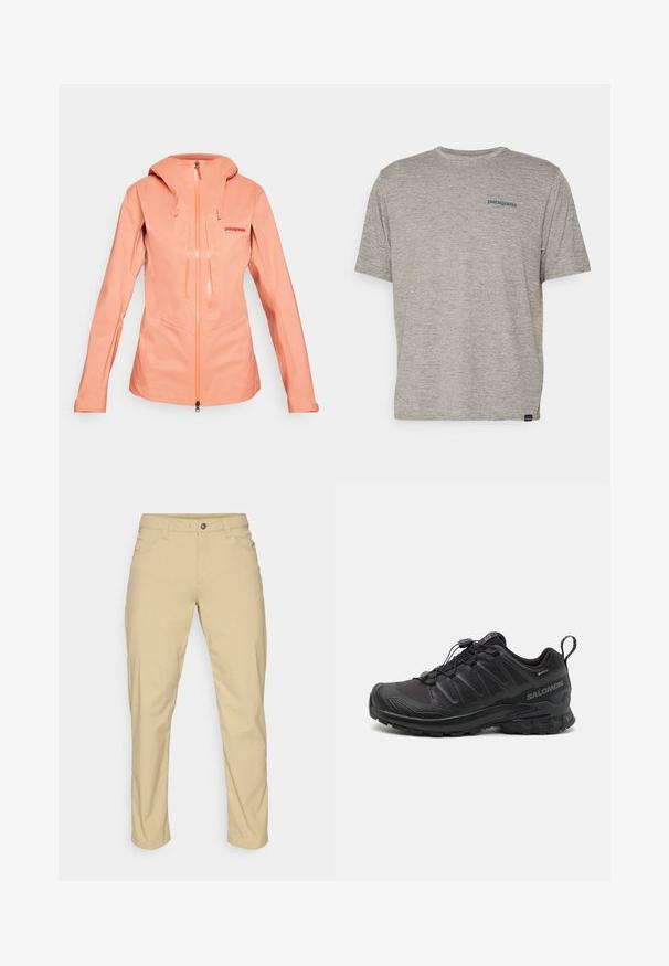 Women's light coral waterproof jacket with hood, full front zipper, two vertical chest pockets, and "Patagonia" logo on the left chest.; Gray short-sleeve t-shirt made of soft, textured fabric featuring a small blue Patagonia logo on the left chest. No additional patterns.; Patagonia QUANDARY PANTS - Outdoor trousers - classic tan; Black athletic shoe with a textured synthetic upper, cushioned sole, and a quick-lacing system. Features a reinforced toe and heel.