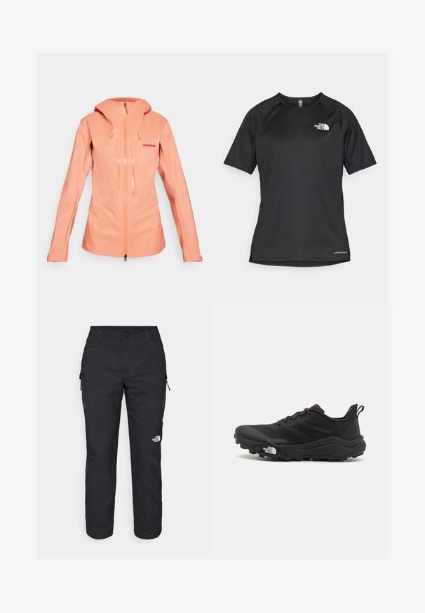 Giacca impermeabile leggera da donna in corallo chiaro, con cappuccio, zip frontale completa, due tasche verticali sul petto e logo "Patagonia" sul lato sinistro del petto.; Maglietta sportiva nera a maniche corte con tessuto testurizzato, caratterizzata da un logo bianco sul lato sinistro del petto e orlo dritto.; The North Face WINTER EXPLORATION TAPERED CARGO - Pantaloni outdoor - black; Scarpa da trail running nera con tomaia texture, suola in gomma e punta rinforzata. Presenta un collare imbottito e un tassello per un indossamento facile.