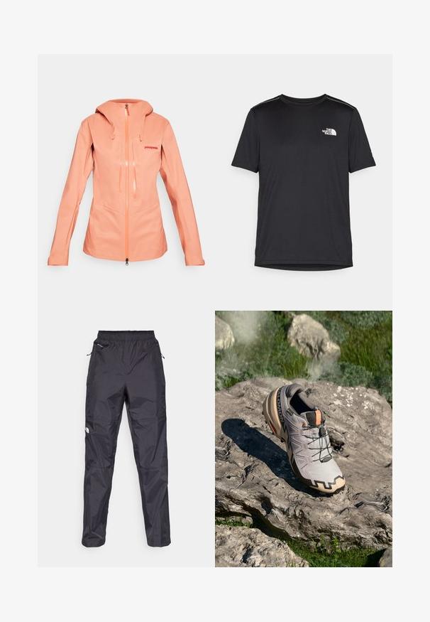 Dames licht koraalkleurige waterdichte jas met capuchon, volledige ritssluiting aan de voorkant, twee verticale borstzakken en het "Patagonia"-logo op de linkerborst.; Zwarte T-shirt met korte mouwen, gemaakt van lichtgewicht stof. Bevat een klein wit logo op de linkerborst en verfijnde schouderaccenten.; Zwarte waterdichte broek gemaakt van lichtgewicht, gestructureerd materiaal. Voorzien van een elastische tailleband en ritszakken.; Lichtgrijze trailrun-schoen met beige accenten, een gestructureerde bovenkant, zwarte veters en een uitgesproken loopvlak op de zool. Vermoedelijk met het merkembleem.