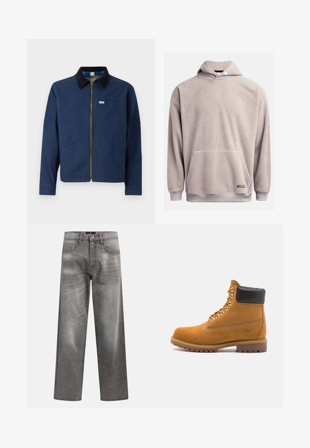 Mørkeblå jakke med fløyelskrage, frontglidelås, to sidelommer og et lite merke på brystet. Tekstur i bomull.; Fleece hettegenser i lys grå, med frontlomme, ribbet kant og justerbar snor i hetta. Myk tekstur med minimale detaljer.; Grå denim jeans med vide ben, falmet finish, klassisk design med fem lommer og metallknapp.; Beige semskede ankelstøvel med svart polstret krage, gullmetalløyer, hvite sømdetaljer og robust gummisåle med påfallende mønster.