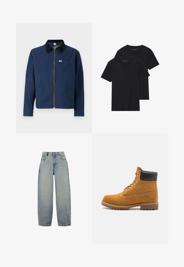 Námořnická modrá bunda s manžetovým límcem, předním zipem, dvěma bočními kapsami a malou značkovou nášivkou na prsou. Bavlněná textilie.; Dvě černé bavlněné tričko s krátkým rukávem, kulatým výstřihem a hladkou texturou, vystavené naskládané k sobě.; Světlé modré džíny s volným střihem, vysokým pasem, širokými nohavicemi, klasickým designem pěti kapes a kovovými detaily.; Hnědé semišové kotníkové boty s černým polstrovaným límcem, zlatými kovovými očky, bílým prošíváním a odolnou gumovou podrážkou s výraznými drážkami.