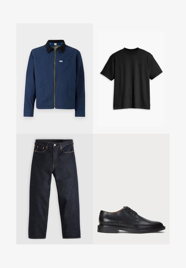 Námořnická modrá bunda s manžetovým límcem, předním zipem, dvěma bočními kapsami a malou značkovou nášivkou na prsou. Bavlněná textilie.; Černé bavlněné tričko s kulatým výstřihem a krátkým rukávem. Má decentní logo na přední straně a rovný lem. Jednoduchý a minimalistický design.; Tmavomodré džíny z denimu se straight střihem, pěti kapsami, kontrastním oranžovým šitím a knoflíkovým zapínáním. Žádné viditelné vzory ani ozdoby.; Černé kožené společenské boty s kulatou špičkou, šněrováním a nízkým podpatkem. Hladký povrch s minimálním šitím.