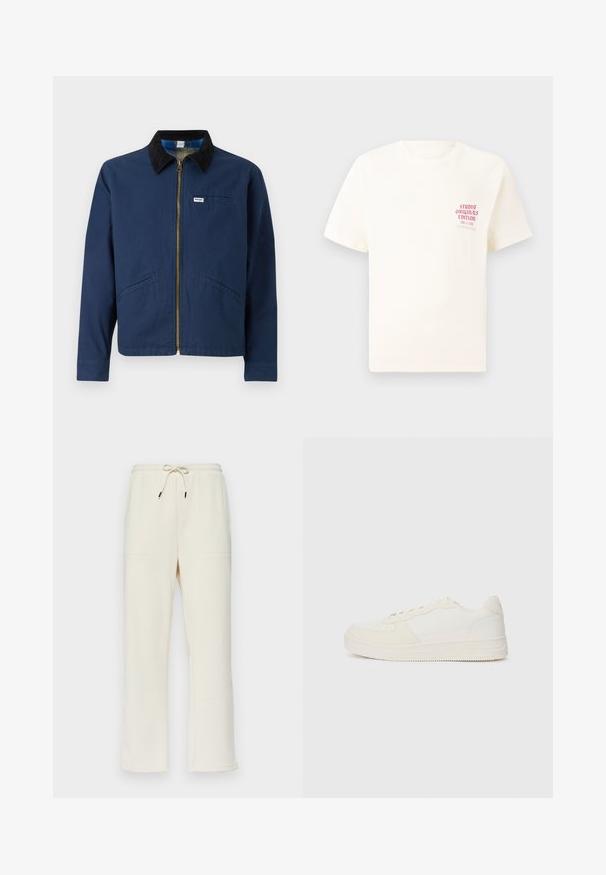 Tumedate sinine jakk, millel on kena käpik, esi tõmblukk, kaks külgetaskut ja väike kaubamärgi silt rinnal. Puuvillane kangas.; Valge lühikeste varrukatega T-särk, millel on vasakul rinnal punane tekst "Studio Originals Edition", esitatud neutraalsel hallil taustal.; Kreemit värvi ribaroogadega dressipüksid, millel on nööriga vöökoht, kaks külgetaskut ja sirge jalgade disain.; Valged sneake'rid sujuva nahk-ülaosaga ja sametiste detailidega. Varustatud aukudega varbaosa, lapikute paelte ja tekstuurse detailiga kummist tallaga.