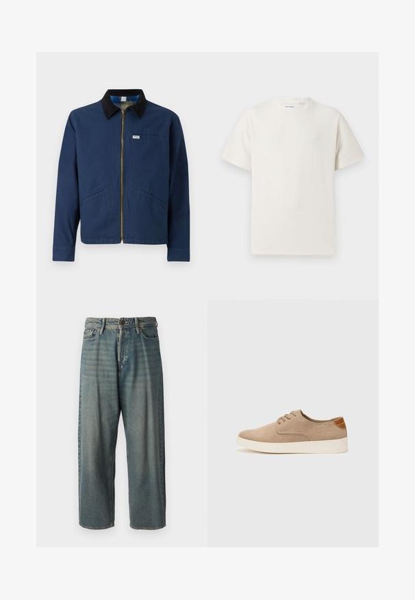 Tamsiai mėlynas švarkas su velveto apykakle, priekyje užtrauktukas, dvi šoninės kišenės ir maža prekės ženklo etiketė krūtinėje. Medžiaga yra medvilninė.; Balta trumpa rankovė T-polo marškinėlių su juostelėmis tekstūra. Apvalus iškirpimas, laisvas fasonas, jokių matomų raštų ar akcentų. Paprastas ir universalus dizainas.; Šviesiai mėlyni džinsai su laisvu siluetu, vidutinio aukščio juosmeniu ir tiesiomis kojomis. Su penkiais kišenėmis, diržo kilpo ir mygtukų uždarymu.; Bežiniai zomšiniai sportbačiai su apvaliomis pirštų dalimis, raišteliais priekyje ir tekstūruotu užkulniu. Balta guma suteikia kontrastą. Paprastas ir modernus dizainas.