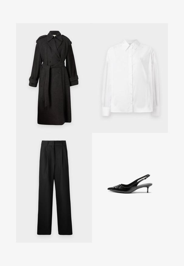 Gabán de trench doble faz en gris oscuro, con cuello muesca, cinturón, grandes botones y bolsillos con solapa. Fabricado con una mezcla de lana texturizada.; Camisa blanca de manga larga con botones, hecha de una suave mezcla de algodón. Cuenta con un cuello clásico, cierre frontal con botones y puños redondeados.; Pantalones de pierna ancha negros con una textura suave, que presentan pliegues frontales y un diseño de cintura alta. Fabricados con una tela ligera.; Tacones slingback de cuero negro con punta puntiaguda, tacón bajo de estilo kitten y detalle fruncido en el empeine. Textura suave y diseño minimalista.