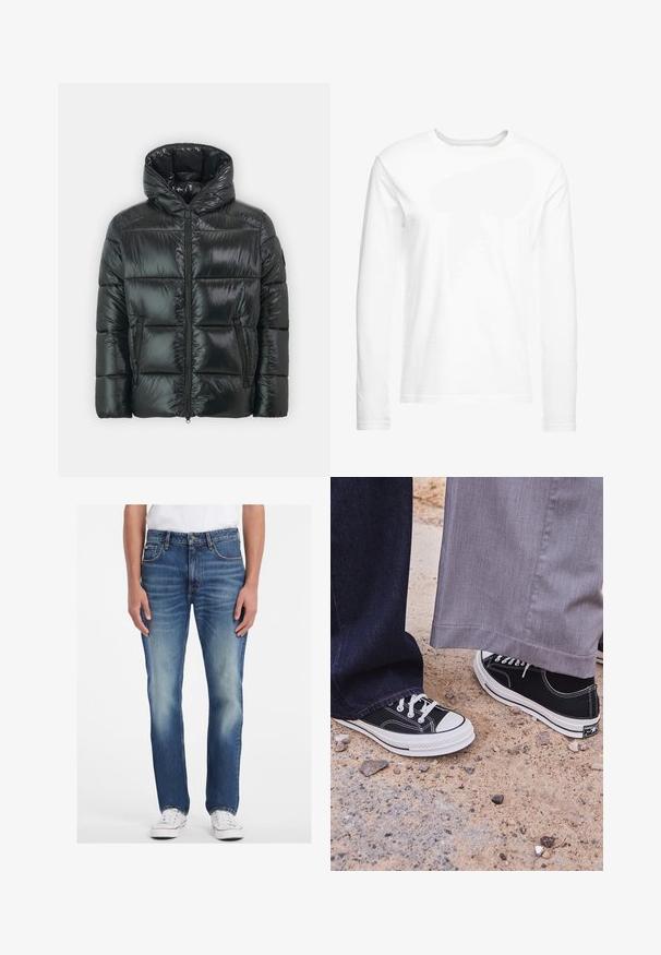 Schwarze Pufferjacke mit glatter, gesteppter Textur, Kapuze und Frontreißverschluss. Verfügt über zwei Seitentaschen und eine taillierte Silhouette.; Langärmliges, weißes T-Shirt aus weicher Baumwolle. Rundhalsausschnitt mit geraden Saumabschlüssen und ohne sichtbare Muster oder Grafiken.; Blaue Jeans aus Denim mit gerade geschnittenem Design, die eine helle Waschung, ausgewaschene Akzente und einen Fünf-Taschen-Stil aufweisen. Kombiniert mit weißen Sneakers.; Schwarze Leinenschuhe mit weißen Gummisohlen und Schnürsenkeln. Ein Fuß ist mit dunkelblauen Jeans kombiniert, der andere mit hellgrauen Hosen.