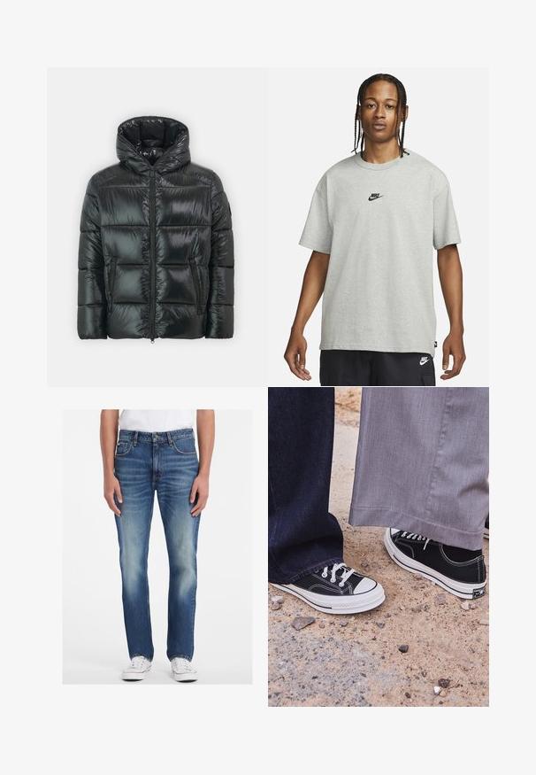 Geacă neagră puffer cu o textură lucioasă, matlasată, glugă și fermoar frontal. Are două buzunare laterale și o siluetă ajustată.; Tânăr cu părul împletit, îmbrăcat cu un tricou Nike gri deschis și pantaloni scurți Nike negri, pe un fundal alb simplu.; Jeans din denim albastru cu un design drept, având un finisaj deschis, accente decolorate și un stil cu cinci buzunare. Combinate cu adidași albi.; Tenisi negri din pânză cu tălpi și șireturi din cauciuc alb. O picior este asortat cu blugi de culoare albastru închis, iar celălalt cu pantaloni gri deschis.