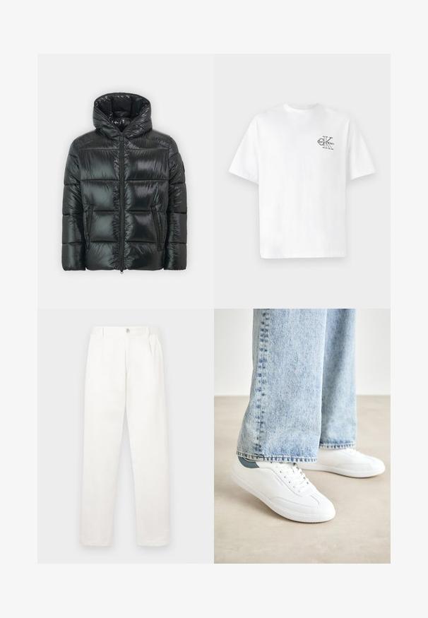 Μαύρο φούτερ με γυαλιστερή, κάκβη υφή, κουκούλα και μπροστινό φερμουάρ. Διαθέτει δύο πλάγιες τσέπες και εφαρμοστή σιλουέτα.; Λευκό βαμβακερό μπλουζάκι με κοντά μανίκια, στρογγυλή λαιμόκοψη, με μαύρο λογότυπο CK στην αριστερή πλευρά του στήθους, κανονική εφαρμογή, απαλό υλικό.; Λευκά παν trousers κατασκευασμένα από μαλακό ύφασμα, με ευθεία σχεδίαση, πτυχές μπροστά και κλείσιμο με ένα κουμπί στη μέση.; Λευκά αθλητικά παπούτσια με λείο υλικό, σχέδιο με κορδόνια, υφή από καουτσούκ στη σόλα και teal λεπτομέρεια στην φτέρνα, συνδυασμένα με ανοιχτό μπλε τζιν.
