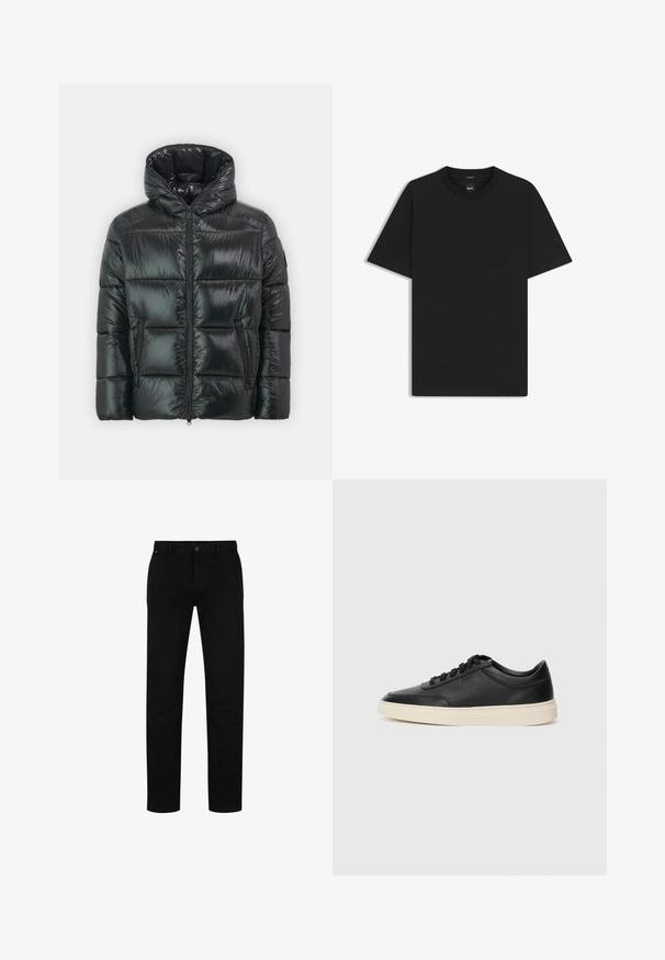 Giacca a vento nera con una texture lucida e trapuntata, cappuccio e zip frontale. Presenta due tasche laterali e una silhouette aderente.; Maglietta nera a maniche corte realizzata in un morbido misto cotone, con scollatura a girocollo e un design minimalista senza motivi o dettagli.; Pantaloni di cotone neri con vestibilità dritta, dotati di chiusura con bottone, passanti per cintura e design minimalista. Texture liscia, senza fantasie.; Sneaker in pelle nera a basso profilo con lacci neri e suola avorio, mostrato di profilo su sfondo bianco.