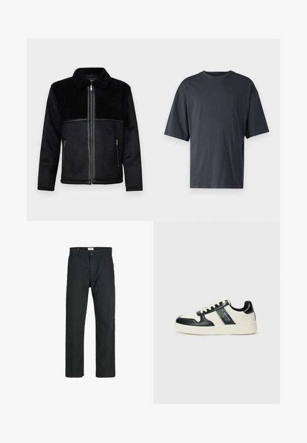 Čierna bunda s textúrovanou hornou časťou a huňatým golierom, hladkou dolnou časťou, zipsom vpredu a dvoma bočnými vreckami.; Tmavošedé tričko s krátkym rukávom vyrobené z ľahkého bavlneného materiálu, s voľným strihom a klasickým okrúhlym výstrihom, bez vzoru a s hladkou textúrou.; Čierne nohavice vyrobené z odolného materiálu, s rovnými nohavicami, prešitými detailmi a dvoma prednými vreckami pre väčšiu funkčnosť.; Kožené tenisky v čierno-krémovej farbe, s perforovanými akcentmi, polstrovaným golierom a štruktúrovanou podrážkou.