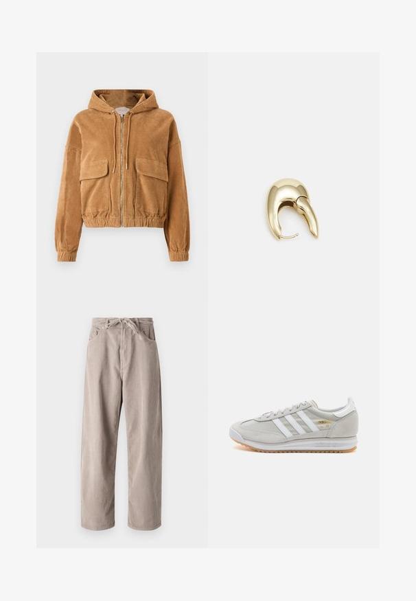 Brūna, īsā korduroja jaka ar kapuci, ar rāvējslēdzēju un divām priekšējām kabatām. Iezīmējas ar elastīgiem aproces un jostas galiem.; Balta īsā turtlenecka džemperis ar ribotām piedurknēm un apakšmalu. Maiga tekstūra, plašas piedurknes un bezšuvju dizains aizmugurē.; Bežīgas korduroja bikses ar brīvu piegriezumu, ar saistāmām jostām, divām priekšējām kabatām un vertikālu ribotu tekstūru.; Gaišpelēka kedas, izgatavotas no zamša un sieta, ar trim baltām svītrām, apaļu purngalu un gumijas zoli. Zelta logo akcenta detaļa blakus auklām.; Zeltīti metāla auskari ar gludu, izliekta dizaina. Ar atšķirīgu smailu formu, pulētu virsmu un eņģu aizdari.