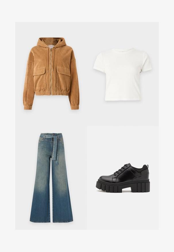 Lühendatud pruunist korduurjakist kapuutsiga, lukuga ja kahe esipocketiga. Omab elastseid mansette ja vöökohta.; Lühike valge T-särk, mis on valmistatud puuvillast, lühikeste varrukatega, ümmarguse kaelusega ja sirge lõikega, omades sileda tekstuuri ja minimaalset disaini.; Laiad denimpüksid, millel on hele tume sinine gradiendiefekt, kõrge vöökoht, vöökumlid ja sobivast kangast vöö. Struktureeritud denimi viimistlus.; Must musta platvormsussid paksu plokkninal, ümmarguse varbaga ja traditsioonilise nööridega kinnitamisega. Sussid on sileda tekstuuriga ja minimaalsete detailidega.