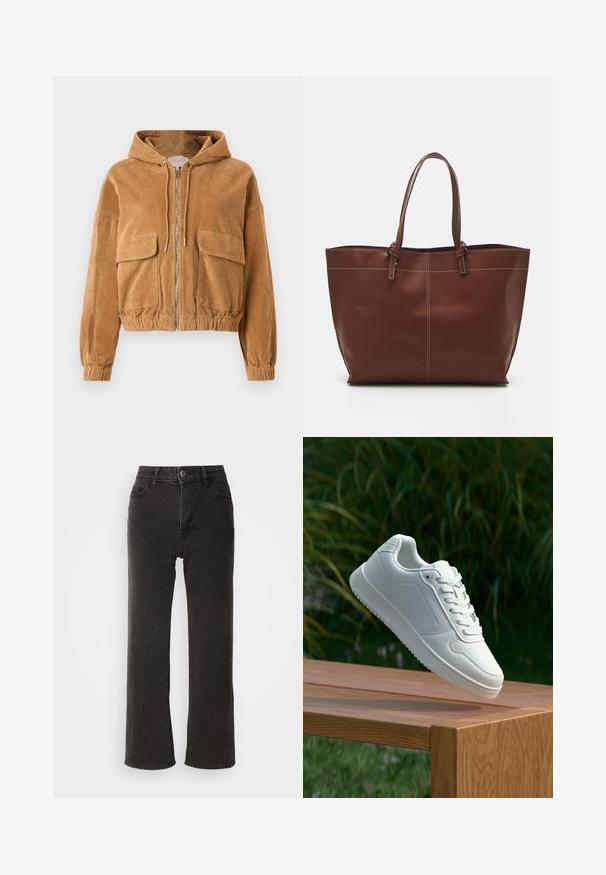 Lühendatud pruunist korduurjakist kapuutsiga, lukuga ja kahe esipocketiga. Omab elastseid mansette ja vöökohta.; Must mustriga kinnise kehaga ja läbipaistvate, laia varrukatega. Omab nööride aktsente varrukate otsas. Valmistatud siledast kangast, millel on kinnine lõige.; Mustad laiad teksad, millel on ees nööbid, vööde kinnitamise silmad ja viis taskut, kerge kulumise efektiga.; Valged sneakerd, millel on sile sünteetiline ülemine osa, väikeste aukudega varvaskast, lamedad paelad ja tekstuuriga tald, eksponeeritud puidust pinnal.; Pruun nahast käekott kahekordsete käepidemetega, millel on kontrastõmblused ja avar disain, sobib igapäevaseks kasutamiseks.