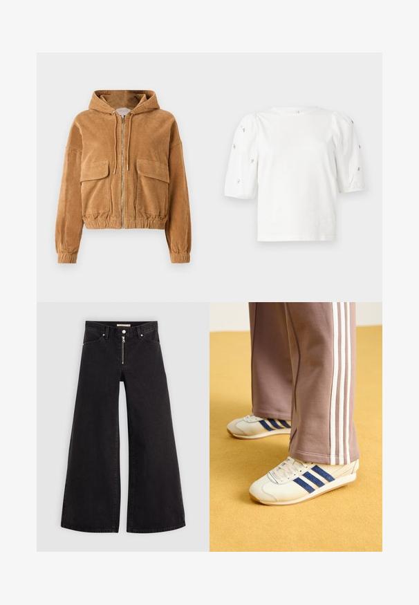 Korth denimjakke i brun med hette, glidelås foran og to lommer. Har elastiske mansjetter og linning.; Hvit bomull T-skjorte med korte pufferm, med små sølvdekorasjoner langs ermene. Klassisk rund hals, avslappet passform.; Vide benbukser i sort denim med glidelås i front, fem-lomme design og subtile sømdetaljer. Glatt tekstur og avslappet stil.; Kremfargede sneakers med blå semsket skinnstriper, hvite snørebånd og gummisåle. Kombinert med grå joggebukser med hvite sidestriper.