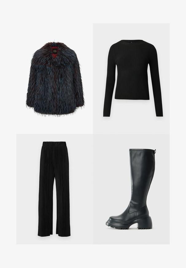Cesare Gaspari Zimní kabát - blue; Černý žebrovaný dlouhý rukáv těsně padnoucí svetr s kulatým výstřihem, vystavený na jednoduchém světlém pozadí.; Černé plisované kalhoty s elastickým pasem. Mají široké nohavice a hladkou, strukturovanou tkaninu s vertikálními pruhy.; Vysoká černá kožená bota s masivní platformou a blokovým podpatkem, s poutkem a texturovaným vzorkem na podrážce.