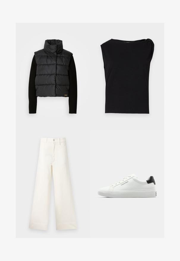 Μαύρο κοντό μπουφάν με ψηλό λαιμό και ορθογώνιο καπιτονέ σχέδιο. Διαθέτει μαύρους ριμπ μακριούς ώμους και λεπτομέρεια λογότυπου στο στρίφωμα.; Μαύρο κοντομάνικο τοπ από λεία ύφανση. Διαθέτει στρογγυλή λαιμόκοψη και ραφή στους ώμους. Απλός, στενός σχεδιασμός.; Φαρδιές παντελόνες από ανοιχτό μπεζ βαμβάκι. Διαθέτουν ψηλή μέση, μπροστινές τσέπες και ευθεία γραμμή. Καθαρό τελείωμα χωρίς σχέδια.; Λευκό αθλητικό παπούτσι με λεία φινίρισμα, μαύρη λεπτομέρεια στη φτέρνα και σχέδιο που δένει με κορδόνια. Φέρει το λογότυπο "Calvin Klein" στην πλευρά. Μινιμαλιστικός σχεδιασμός.