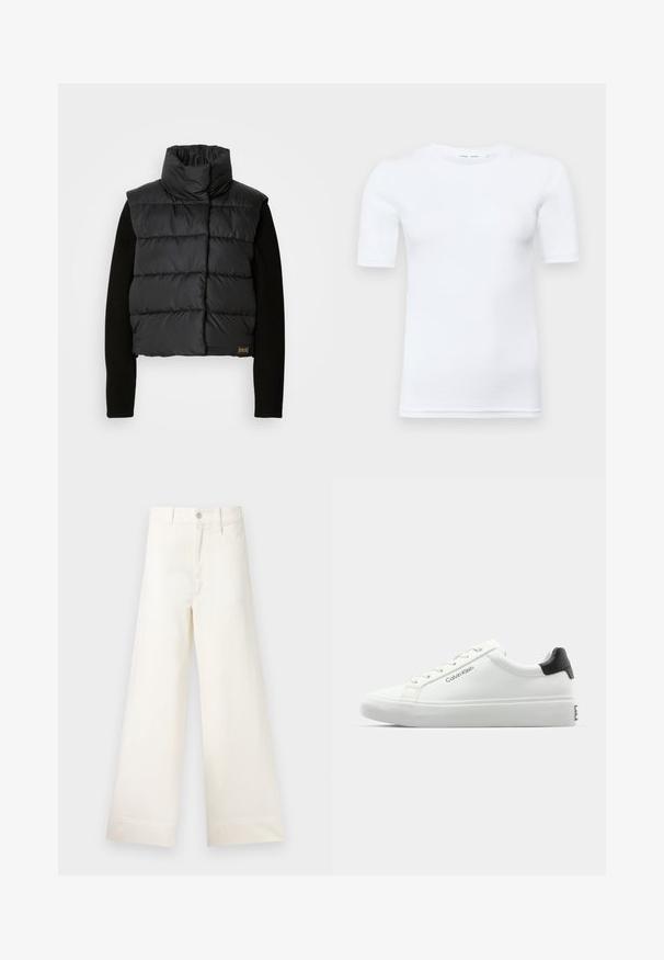 Jaqueta corta preta tipo puffer com gola alta e padrão acolchoado rectangular. Apresenta mangas longas com textura canelada preta e um detalhe de logótipo na bainha.; T-shirt branca de manga curta feita de algodão. Apresenta um decote redondo e uma textura suave, com costuras mínimas visíveis na barra.; Calças largas em algodão bege claro. Apresentam uma cintura alta, bolsos frontais e um corte reto. Acabamento de bainha limpo, sem padrões.; Sapatilha branca com acabamento liso, detalhe preto no calcanhar e design com atacadores. Apresenta a marca "Calvin Klein" na lateral. Estilo minimalista.