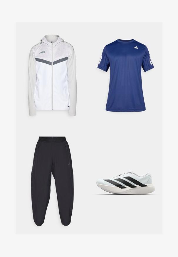 JAKO ICONIC - Training jacket - weiß/soft grey/anthra light; Navy blue short-sleeve athletic shirt made of smooth fabric, featuring a crew neck and a white logo detail on the upper left chest.; Black athletic pants with elastic waistband, zippered side pockets, tapered legs, and subtle logo on the right thigh.; Lightweight running shoes in pale blue with black stripes. Features a smooth upper, round toe, and thick white midsole labeled "LIGHTSTRIKE PRO."