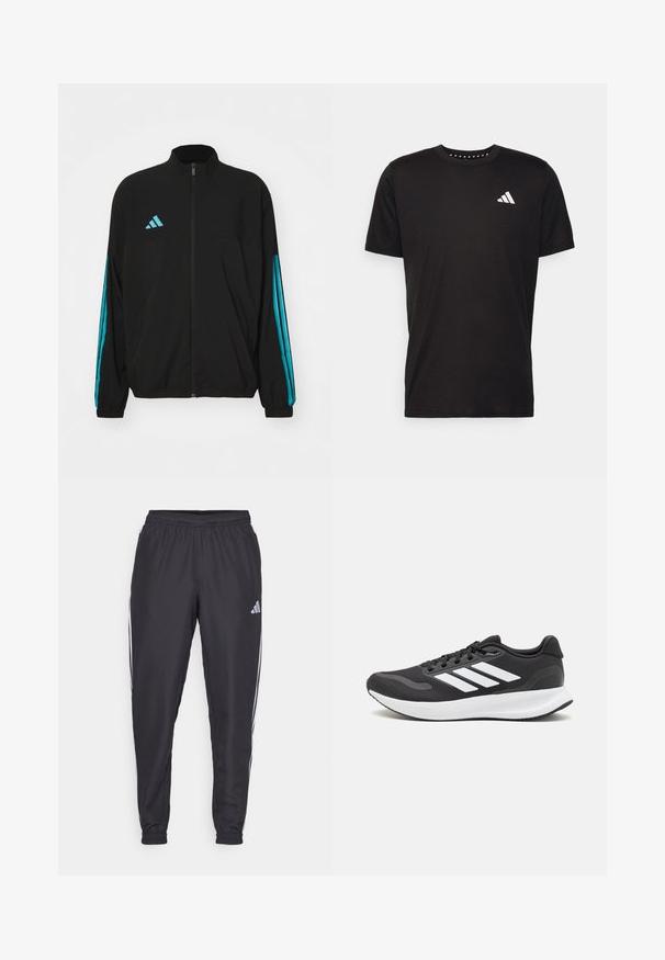 Must musta, kerge materjalist, must kapuutsiga jope, millel on sinised triibud varrukatel ja Adidas logo rinnal.; Must must ka t-särk lühikeste varrukatega, ümmarguse kaelusega ja valge logoga vasakul rinnal. Sile tekstuur ja lihtne disain.; Mustad musthantsihed, millel on elastne vöökoht, valgete triipudega külgedel ja väike logo puusal. Sujuv tekstuur.; Mustmust valmistatud õhulise võrgu ülemise osa, valgete aktsentidega ja pehme tallaga must sportlik king. Küljel on kolm triipu kujutav logo.