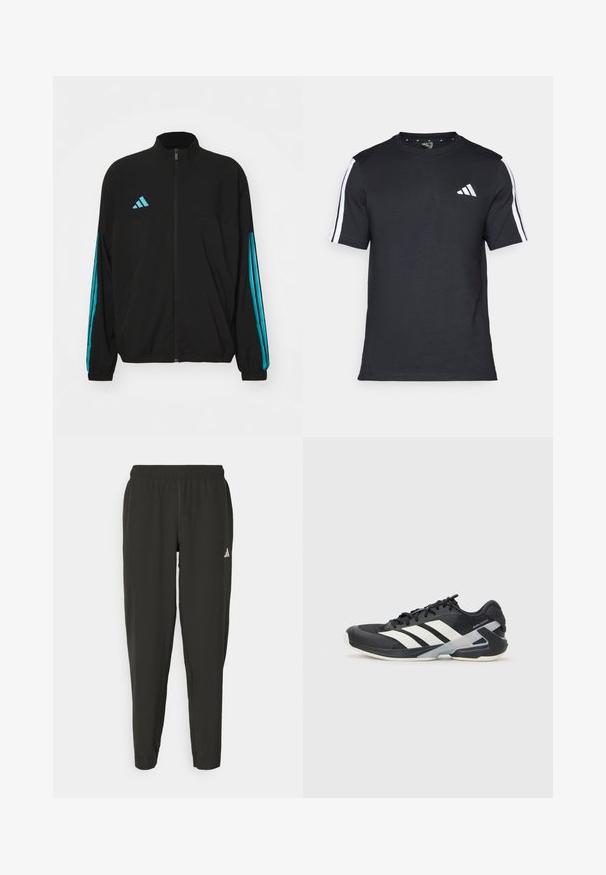 Casaco preto com fecho na frente, feito de material leve, apresentando riscas azuis nas mangas e o logo da Adidas no peito.; T-shirt preto feito de algodão, com mangas curtas, apresentando riscas brancas nos ombros e um logótipo branco no lado esquerdo do peito.; Calças de atletismo pretas com cintura elástica, corte justo e logotipo branco na perna esquerda. Tecido liso e leve.; Sapata atlética preta com riscas brancas, parte superior em malha, biqueira arredondada e sola acolchoada. Apresenta um calcanhar texturizado e um sistema de atacadores seguro.
