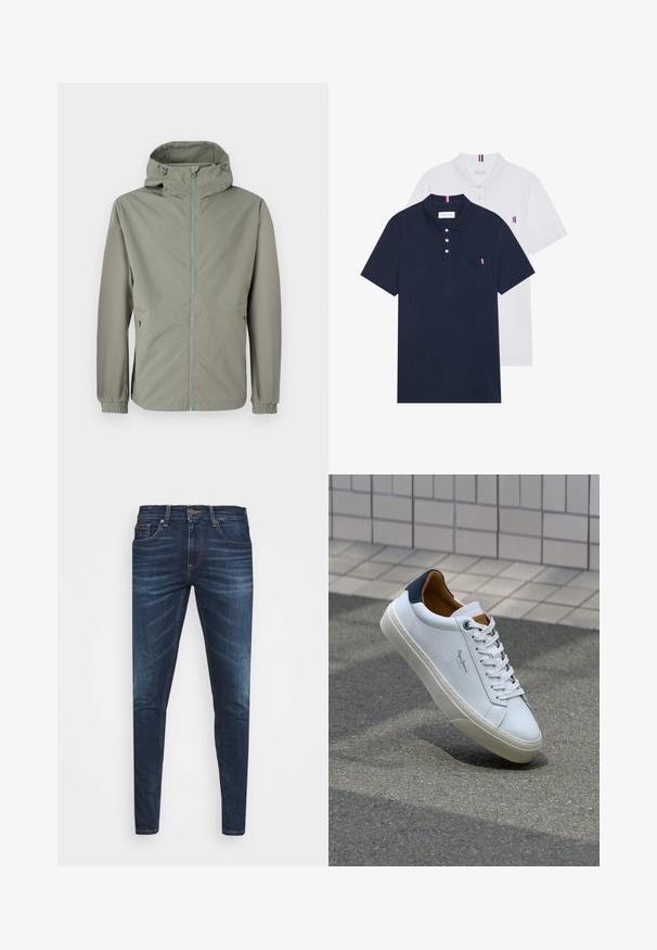 Lengvas, su gobtuvu, striukė muted žalios spalvos. turi priekinį užtrauktuką, elastines rankoves ir šonines kišenes funkcionalumui. Lygi audinio tekstūra.; Du keturių marškiniai: vienas tamsiai mėlynas ir vienas baltas, abu su mažais raudonais, baltais ir mėlynais akcentais ant krūtinės kišenės ir apykaklės.; Tamsiai mėlynos džinsinės kelnės su liesu siluetu, subtiliu nusidėvėjimu, penkiomis kišenėmis ir metaliniu mygtuku užsegimui. Įsiūtos akcentai kontrastinga spalva.; Balti odiniai sportbačiai su mėlynu kulnu, apvalia nosimi ir kontrastingais rudais akcentais. Aptakios raišteliai ir tekstūruota guma.