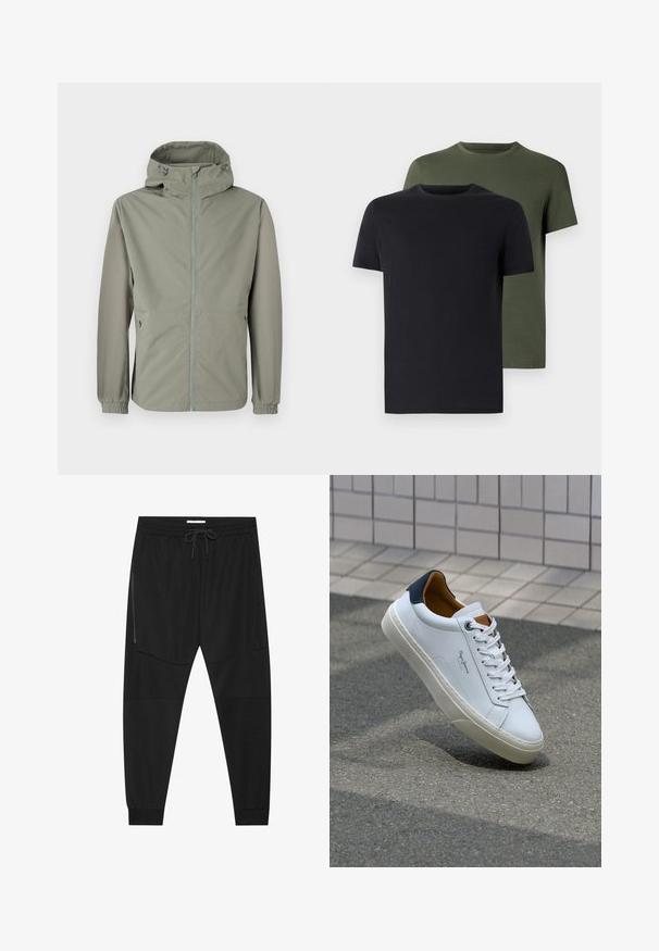 Giacca leggera con cappuccio in verde tenue. Caratterizzata da una zip frontale, polsini elasticizzati e tasche laterali per maggiore funzionalità. Tessuto con una texture liscia.; Due magliette a girocollo in nero e verde oliva, realizzate in morbido cotone. Il design è semplice, con maniche corte e un taglio dritto.; Pantaloni sportivi neri in tessuto texturizzato, dotati di una vita regolabile, tasca laterale con zip e polsini a gamba affusolata.; Sneaker bianca in pelle con tallone blu, punta rotonda e accenti marroni a contrasto. Presenta lacci piatti e suola in gomma testurizzata.