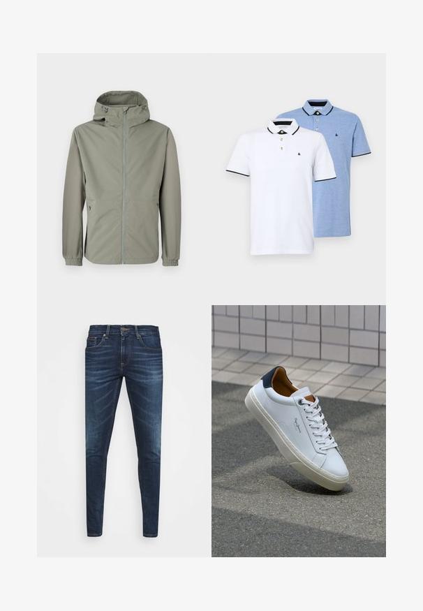 Lahka jakna s kapuco v zatemnjenem zelenem odtenku. Ima sprednji zadrgo, elastične manšete in stranske žepe za funkcionalnost. Gladka tekstura tkanine.; Dve polo majice: ena bela z črnimi detajli, druga svetlo modra melirana. Vsaka ima ovratnik in dva gumba na zadrgi s logotipom.; Temno modri kavbojke ozkega kroja, s subtilnim bledenjem, petimi žepi in kovinskim zapiranjem na gumb. Oštrikanje z akcenti v kontrastni barvi.; Beli usnjeni čevelj s plavo peto, okrogelimi prsti in kontrastnimi rjavimi detajli. Ima ravne vezalke in teksturiran gumijast podplat.