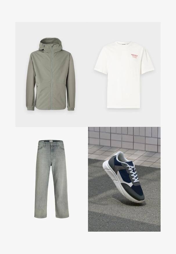 Camisola leve com capuz em verde suave. Apresenta um fecho frontal, punhos elásticos e bolsos laterais para funcionalidade. Textura de tecido suave.; T-shirt branca de algodão com decote redondo e mangas curtas, com texto vermelho no lado esquerdo do peito que diz "NORTH POLE CO. SANTA'S GROTTO."; Jeans soltos de cor cinza claro feitos de denim. Apresentam um design clássico de cinco bolsos, passadores para cinto e uma silhueta de perna reta.; Sapatilha com parte superior em malha azul-marinho, detalhes em camurça cinza, sola de borracha branca e atacadores brancos planos, projetada para conforto e respirabilidade.