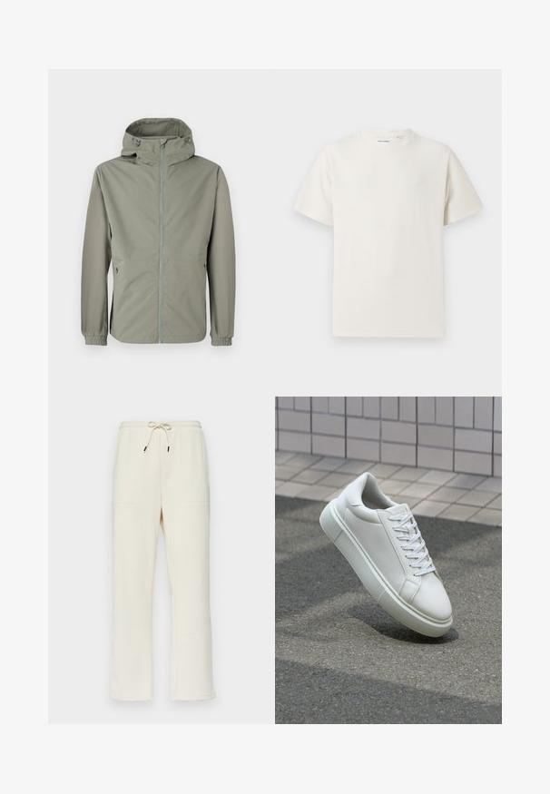 Lengvas, su gobtuvu, striukė muted žalios spalvos. turi priekinį užtrauktuką, elastines rankoves ir šonines kišenes funkcionalumui. Lygi audinio tekstūra.; Balta trumpa rankovė T-polo marškinėlių su juostelėmis tekstūra. Apvalus iškirpimas, laisvas fasonas, jokių matomų raštų ar akcentų. Paprastas ir universalus dizainas.; Kreminės spalvos raukšlėtos kelnės su raišteliu talijoje, su dviem šoninėmis kišenėmis ir tiesiai nukirptu dizainu.; Balti odiniai sportbačiai su lygiu paviršiumi, apvalia nosimi ir plokščiomis baltomis raištelėmis. Yra tekstūruotas gumos padas ir minimalizmas dizaino elementuose.