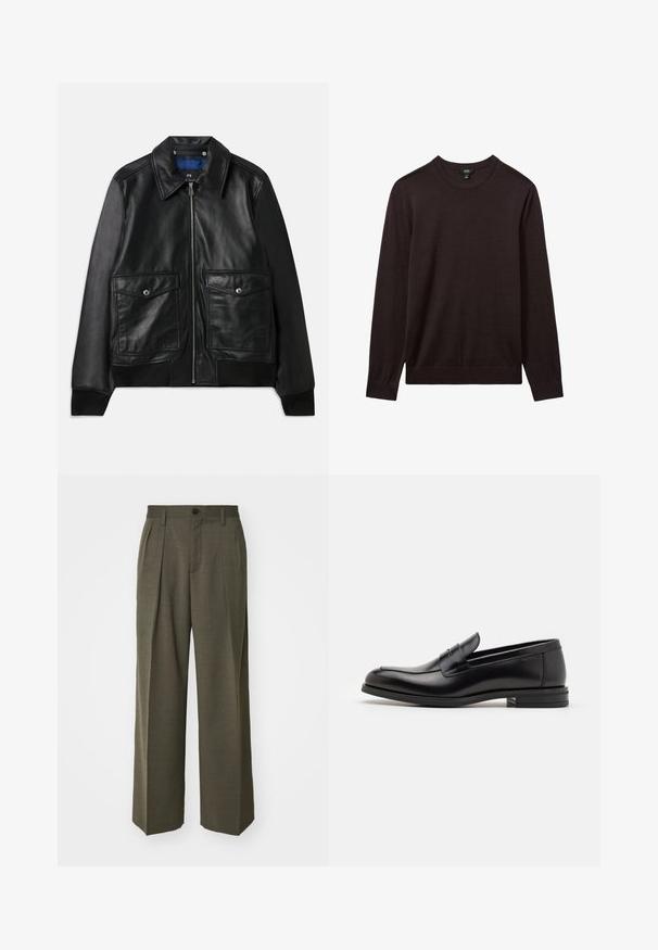 Juodas odinis švarkas su apykakle, dviem priekinėmis kišenėmis su dangteliu, užtrauktuku ir raukšlėmis rankovėse. Lygus paviršius su minimaliais akcentais.; Reiss Džemperis - dark bordeaux; Filippa K WIDE TROUSERS - Kelnės - driftwood; Juodos odinės loafers, turinčios lygų paviršių, apvalią noselę ir dekoratyvinę juostą per priekinę dalį. Žemas krentantis kulnas, minimalistinis dizainas.