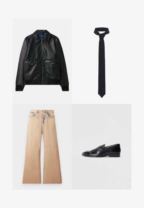 Čierna kožená bunda s golierom, dvoma prednými vreckami s klopou, zipsom a rebrovanými manžetami. Hladká textúra s minimálnym zdobením.; Biela košeľa s dlhým rukávom vyrobená z texturovanej látky, s klasickým golierom, predným zapínaním na gombíky a rovnými lemami, s voľným strihom.; Bežové široké džínsy s vyblednutou textúrou, päť vreciek a prešívanými detailmi pozdĺž švov. Pás má tradičné gombíkové zapínanie.; Čierne kožené loafre s hladkým povrchom, špicatou špičkou a diskrétnym prešívaním. Obsahujú plochý podpätok a embosované logo na boku.; Čierny motýlik s diagonálnymi modrými pruhmi, vyrobený z hladkej látky. Disponuje špicatým koncom a uzlovým slučkovým uzáverom na vrchu.