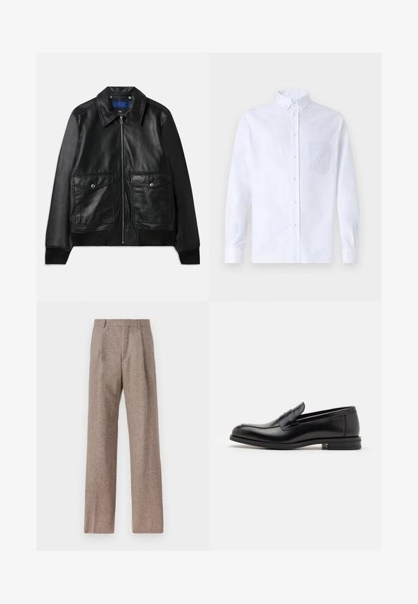 Black leather jacket with a collared neckline, two front flap pockets, zip closure, and ribbed cuffs. Smooth texture with minimal detailing.; White long-sleeve button-up shirt made of cotton, featuring a chest pocket with tonal embroidery, a collar, and button cuffs.; Brown, high-waisted trousers made of textured fabric. Features wide legs and two front pleats for structure. Neat finish with no visible hardware.; Black leather loafers with a smooth texture, rounded toe, and a decorative strap across the vamp. Low stacked heel, minimalist design.
