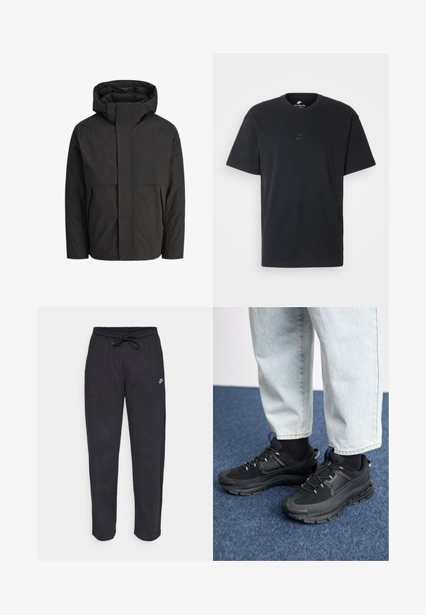 Juodas striukė su aukštu, struktūruotu apykakle, paprastu dizainu, priekiniais užtrauktukais ir dviem šoninėmis kišenėmis. Pagaminta iš lygaus, lengvo medžiagos.; Juodas medvilninis Nike marškinėliai su klasikinėmis apykaklėmis, trumpomis rankovėmis ir subtiliu, įspaustu logotipu ant krūtinės. Sklandus tekstūra.; Juodos sportinės kelnės, pagamintos iš minkštos medžiagos, su elastinga juostele, raišteliu ir mažuoju Nike logotipu kairiajame šlaunyje.; Juodi sportiniai bateliai su tekstūruota medžiaga ir guminiais padais, su elastingomis raišteliais ir mėlynu akcentu ant kulno. Dėvimi su šviesiai mėlynomis džinsinėmis kelnėmis.