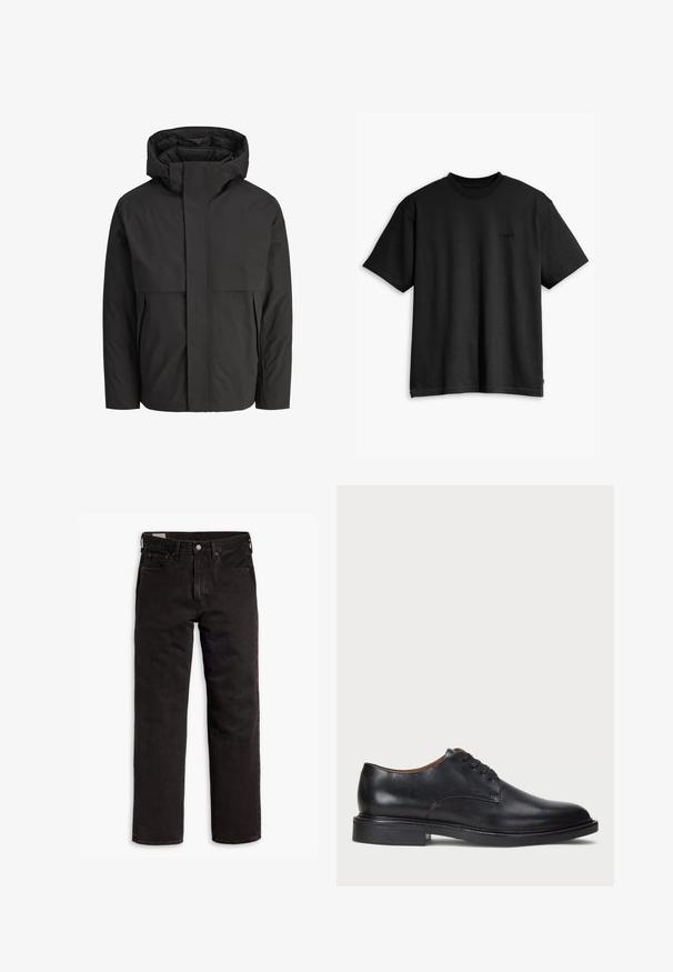 Crna jakna s visokim, strukturiranim ovratnikom, jednostavnog dizajna, s prednjim zatvaračem i dva bočna džepa. Izrađena od glatkog, laganog materijala.; Crna pamučna majica s kratkim rukavima i okruglim izrezom. Ima suptilan logo na prednjoj strani i ravni rub. Jednostavan i minimalistički dizajn.; Crne traperice ravnog kroja s pet džepova, kopčom na dugme i petljama za pojas, položene ravno na bijeloj pozadini.; Crne kožne cipele s okruglim vrhom, vezanjem i niskim stogom. Glatka tekstura s minimalnim šavovima.