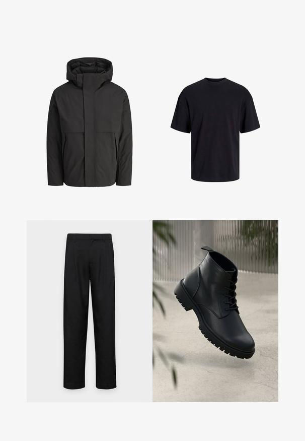 Svart jakke med høy, strukturert krage, enkel design, frontglidelås og to sidelommer. Laget av glatt, lett materiale.; Svart bomull t-skjorte med rund hals, korte ermer og en avslappet passform. Glatt tekstur uten synlige mønstre eller detaljer.; Sorte bukser laget av glatt stoff, med rette ben, to frontfoldninger og standard liv med beltehemper.; Sorte skinn ankleboots med rund tå, snøring og grov gummisåle. Glatt tekstur med en stropp bak.
