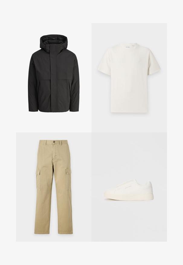 Casaco preto com colarinho alto e estruturado, design simples, fecho frontal com zíper e dois bolsos laterais. Feito de um material liso e leve.; T-shirt branco de manga curta em textura canelada. Gola redonda, ajuste descontraído, sem padrões ou detalhes visíveis. Design simples e versátil.; Calças cargo bege feitas de algodão, com dois bolsos laterais, fecho de botão e pernas retas com um tecido ligeiramente texturizado.; Sapatilhas brancas de atacar com uma superfície texturizada, sola grossa e design minimalista. Possui o logo da marca na lateral.