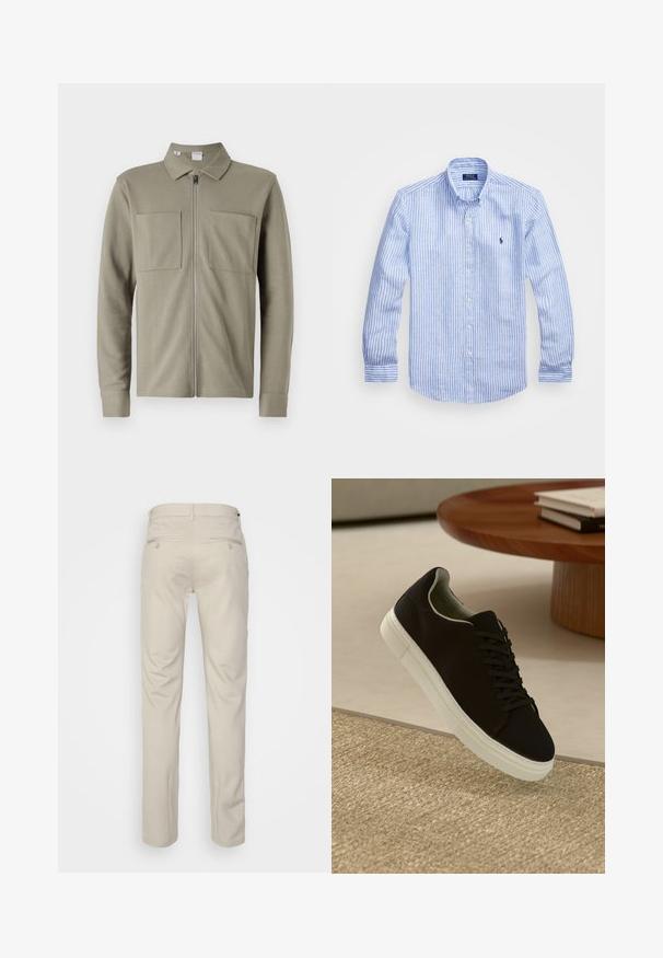Zelena zip jakna iz teksturiranega blaga, z ovratnikom in dvema velikima sprednjima žepoma. Dolgi rokavi s manšetami.; Modra in bela prugasta srajca z dolgimi rokavi iz bombaža, s kragnico na gumb, sprednjimi gumbi in majhnim izvezenim logotipom na prsih.; Bež hlače z gladko teksturo, ravnega kroja, dvema zadnjima žepoma z gumbi in standardnim pasom.; Črni športni copat z belim podplatom lebdi nad bež teksturiranim preprogam blizu okroglega lesenega mize z zloženimi knjigami.