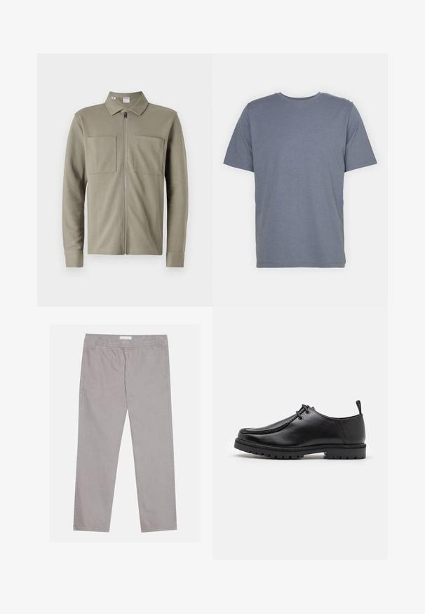 Casaco de fecho éclair verde oliva, feito de tecido texturizado, com gola e dois grandes bolsos frontais. Mangas longas com bainhas com punhos.; T-shirt cinza de manga curta com gola redonda, feita de um tecido suave em mistura de algodão. Design simples, sem padrões ou detalhes.; Calças de algodão cinza claro com faixa elástica na cintura, dois bolsos laterais, design de perna reta e uma textura suave. Detalhe de costura simples.; Shoe preto de couro com atacadores, equipado com uma sola robusta e puxador no calcanhar, apresentado de lado sobre um fundo branco.