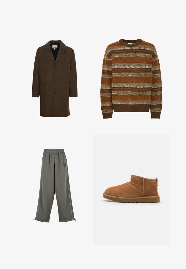 Hnědý kabát z vlněné směsi s klopovým límcem, předními knoflíky a postranními kapsami. Disponuje strukturovanými rameny a rovnými liniemi.; Solid SDMAXWELL - Svetr - slate black; Karl Kani KK OS SIDESTRIPE - Kalhoty - grey; Světlé semišové kotníkové boty s kulatou špičkou, jemnými švy a texturovanou gumovou podrážkou. Krátká výška bez šněrování.